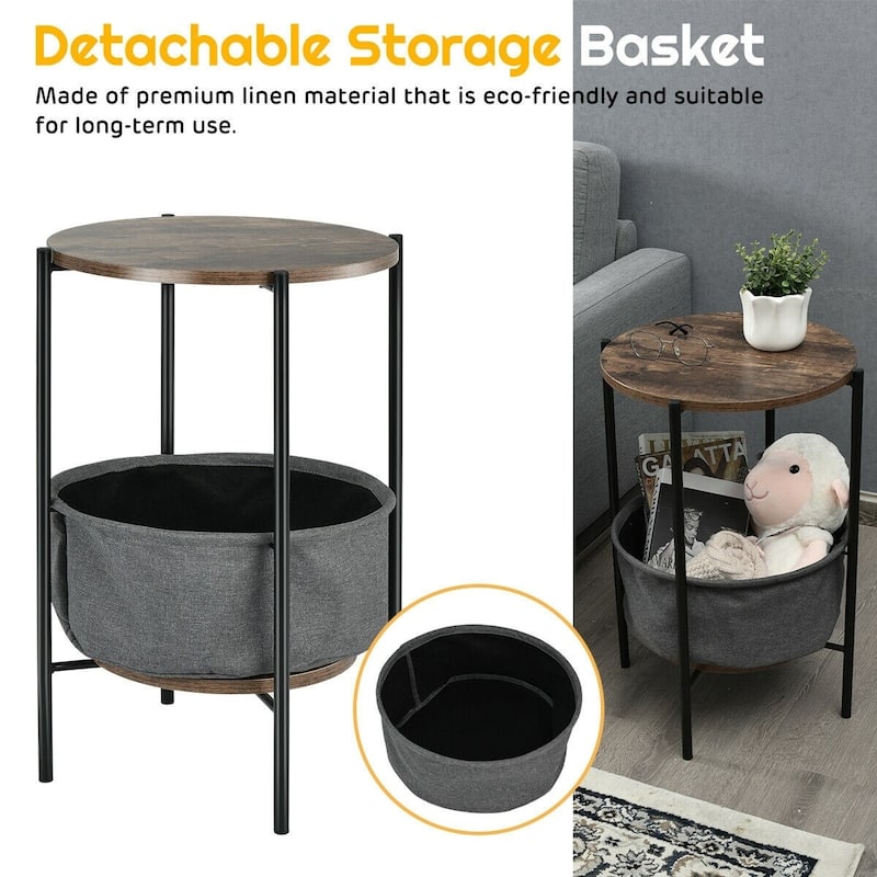 Industrial Round End Side Table Sofa w/ Storage - 16.5" x 23.5" H