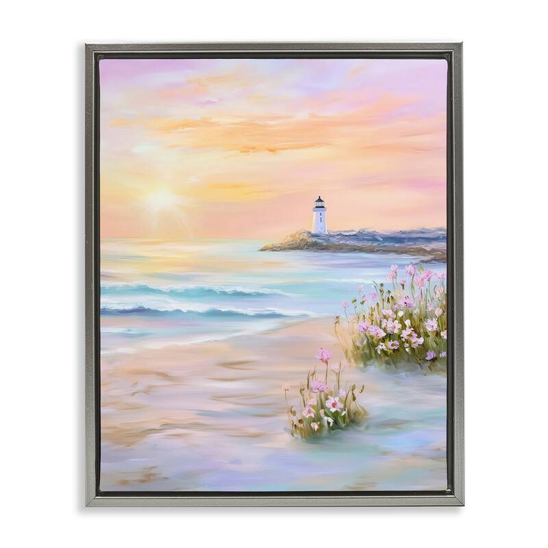 Stupell Warm Sunrise with Distant Lighthouse Framed Floater Canvas Wall Art Design By Arlington Prints - 25 x 31 - Grey
