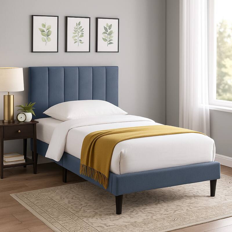 Lilian Twin Bed, Soft Channel Tufted Charcoal Gray Linen Upholstery