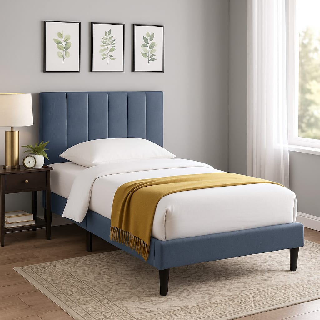 Lilian Twin Bed, Soft Channel Tufted Charcoal Gray Linen Upholstery