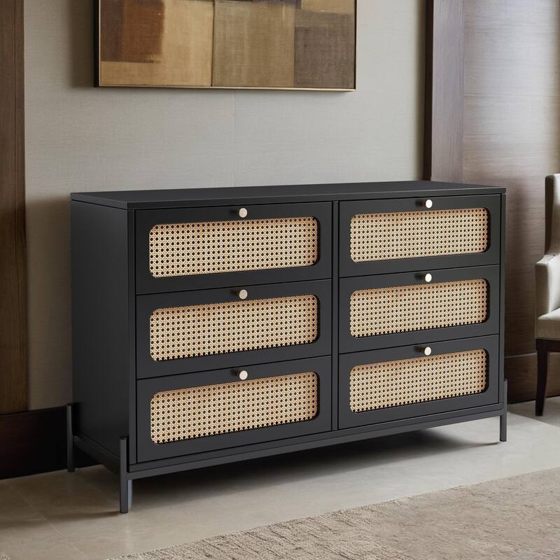 6 Drawers Dresser,Modern Cannage Rattan Wood Chest with 6 Drawers,Wood Storage Cabinet Sideboard for Entryway,Hallway(Black)