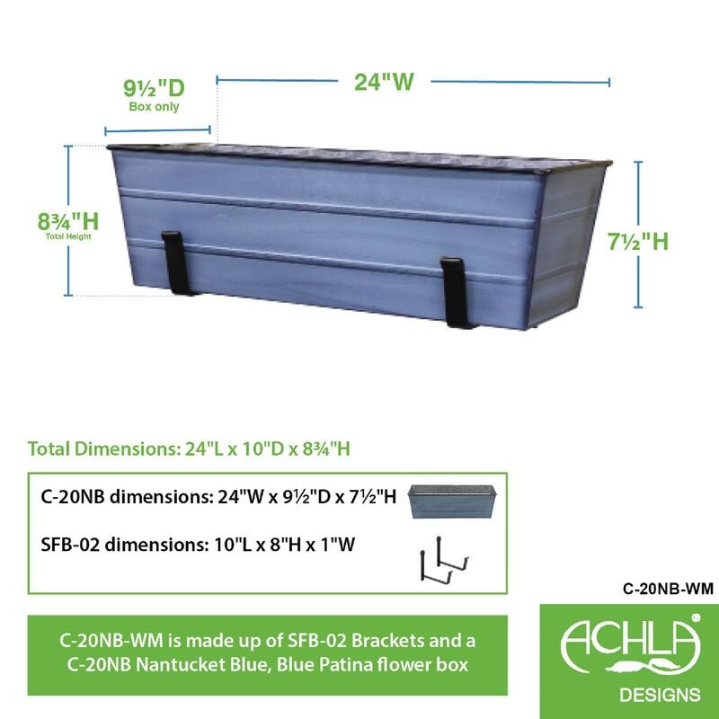 Achla Designs Medium Galvanized Steel Flower Box Planter With Wall Brackets, 24 Inch Wide, Nantucket Blue