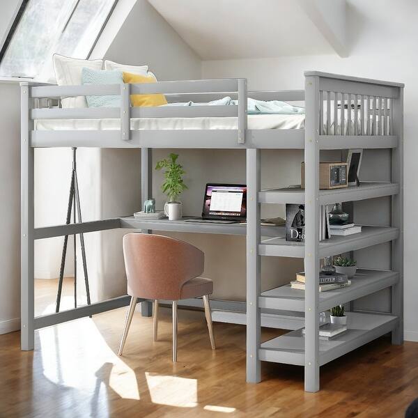 slide 2 of 16, Industrial Modern Full Size Loft Bed with Storage Shelves and Under-bed Desk, Sturdy Construction & Safety Guaranteed, Grey Grey