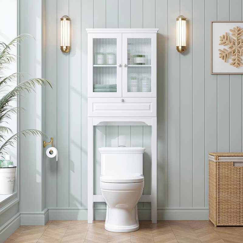 COSTARS Over-the-Toilet Storage Cabinet with Muro Glass Doors & Tilt-Out Cube, White