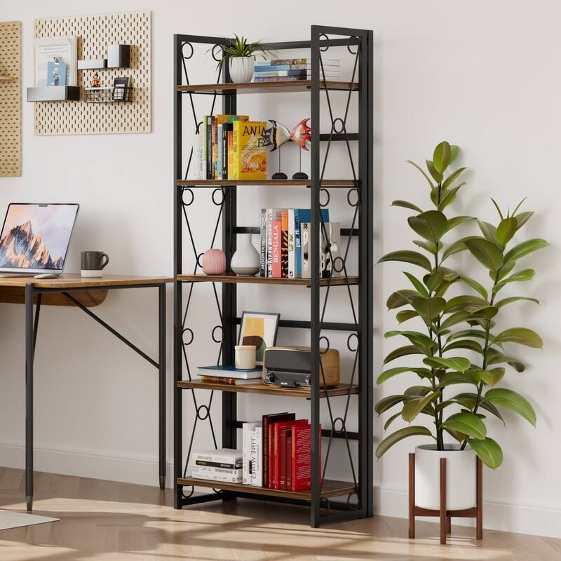 VECELO 62" Foldable 5-Tier Bookshelf Space Saving Tall Open Bookcase with MDF Shelves for Living Room Home Office Kitchen
