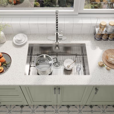 Undermount Single Bowl Nano Brushed Stainless Steel Workstation Kitchen Sink with Two-Function Kitchen Faucet and Accessories