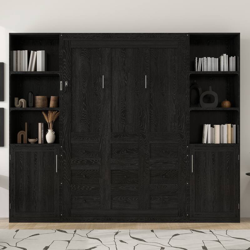 Multi-Functional Queen Size Wooden Murphy Bed with Storage Shelves and Cabinets by Harper&Bright Designs