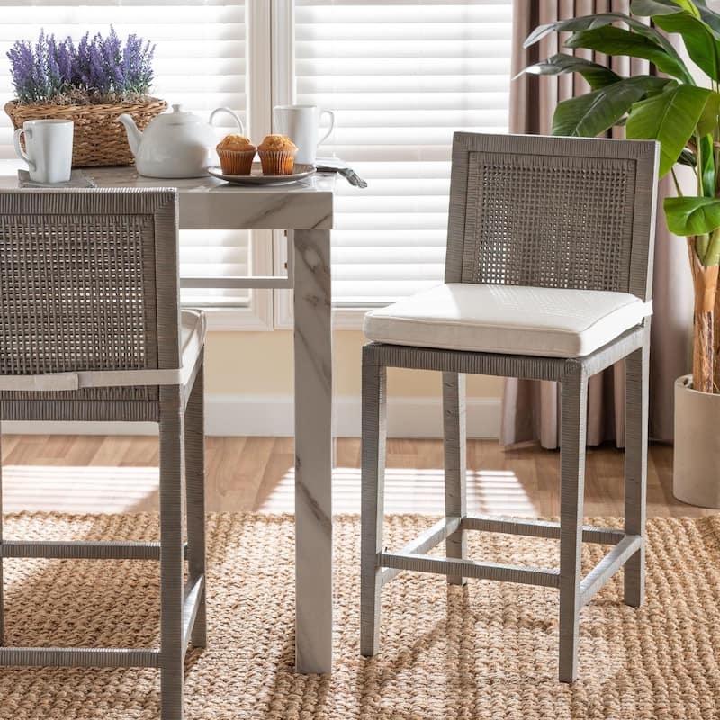 Sofia Rattan Counter Stool with Mahogany Wood - Handwoven Wicker Counter Height, Coastal Kitchen Island Seating, French Grey