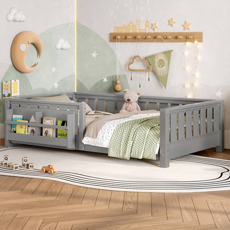 Montessori Floor Bed Low Profile Kids Bed with Rails & Bookshelf