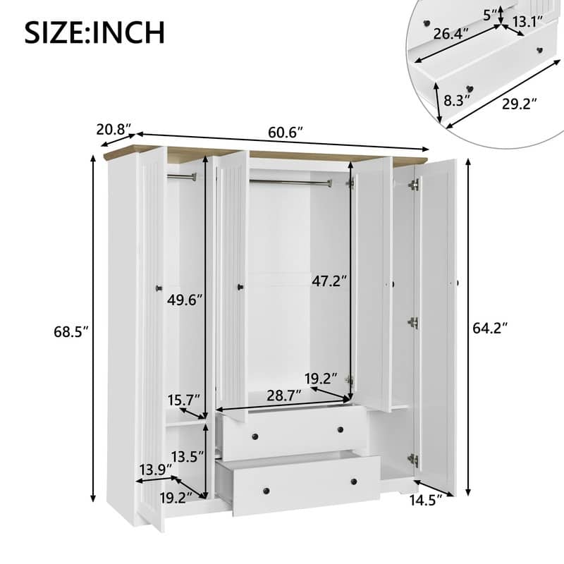 Four-Door Wardrobe Armoire With Two Drawers‌ - 60.6''L x 20.8''W x 68.5''H