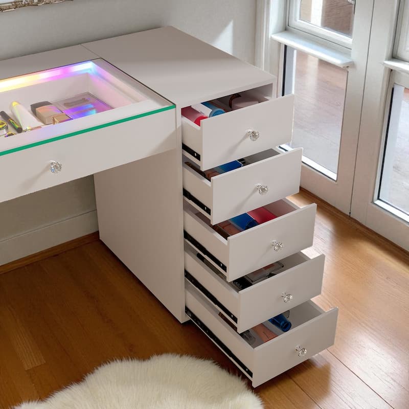 51.2" Vanity Desk with RGB LED Lights, Glass Top Makeup Table with 11 Storage Drawers & Touch Sensor for Bedroom