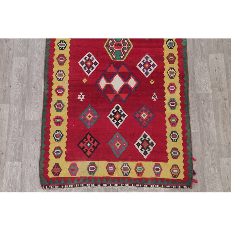 Hand Woven Oriental 100% Wool Carpet Southwestern Geometric Red Kilim Runner Rug - 8' 7'' X 4' 5''