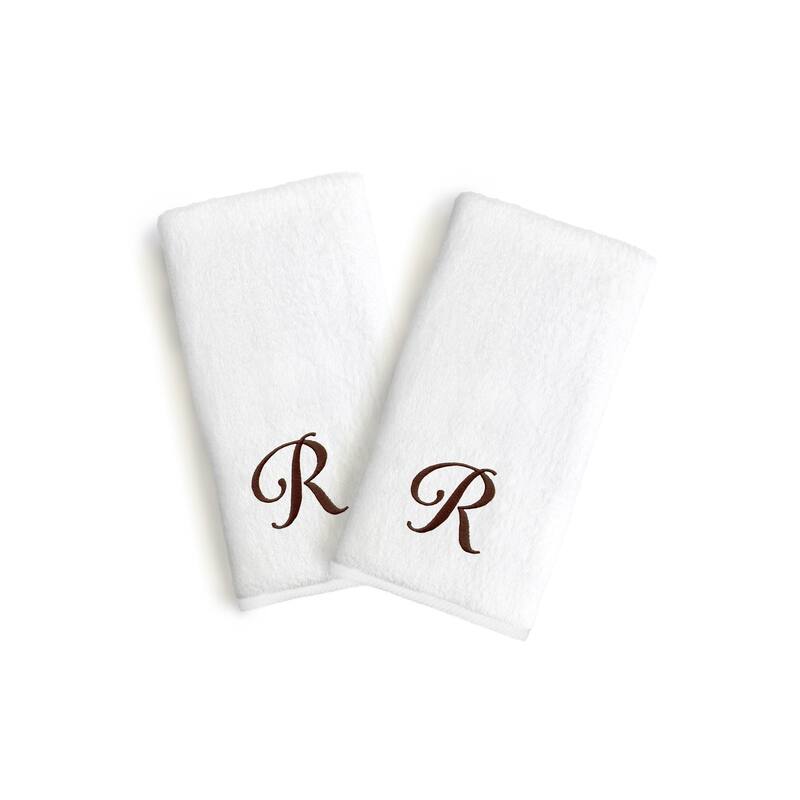 Authentic Hotel and Spa 2-piece White Turkish Cotton Hand Towels with Brown Script Monogrammed Initial - White/R