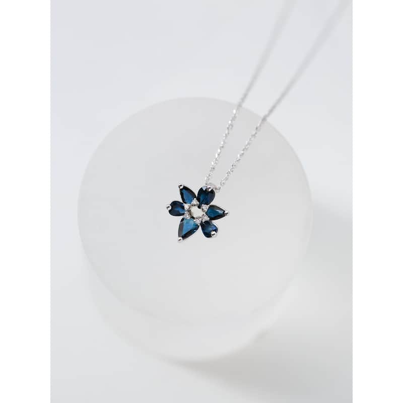 Kobelli 1.75 Carat Dark Blue Sapphire & Diamond 14k White Gold Six Petal Flower Leia Necklace