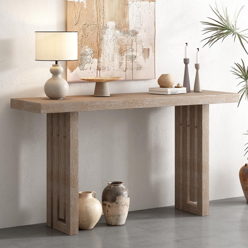Uniquely Designed Oak Veneer Console Table with Distinctive Side Shapes