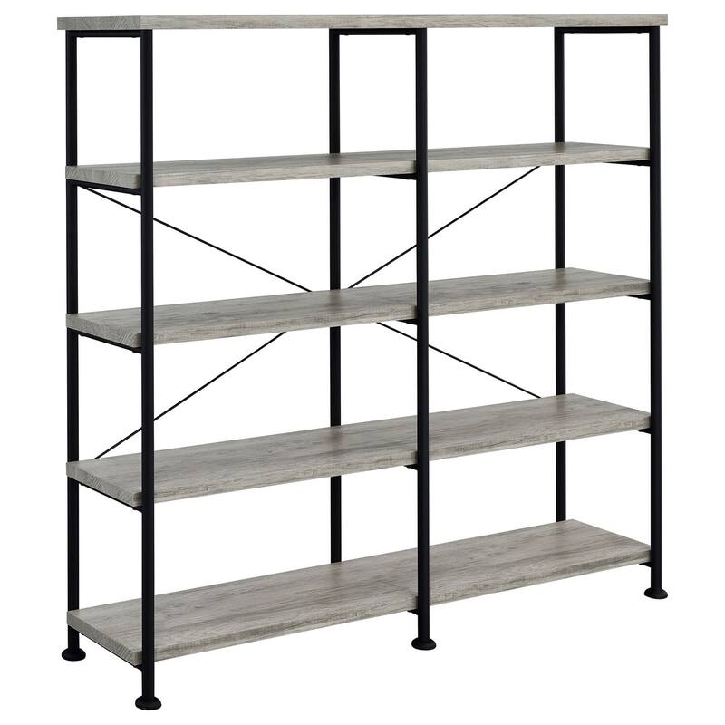 4-Shelf Open Bookcase Grey Driftwood Transitional Storage Organizer with Modern Industrial Design Accents