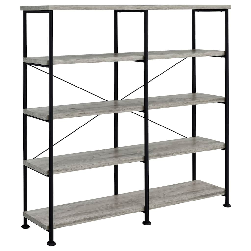4-Shelf Open Bookcase Grey Driftwood Transitional Storage Organizer with Modern Industrial Design Accents