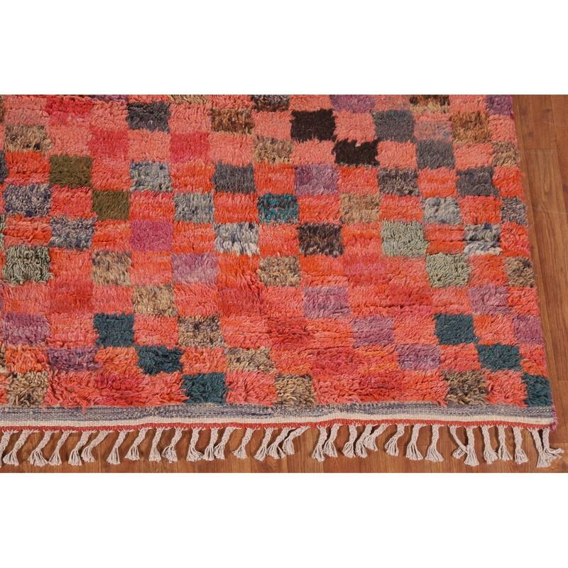Coral Checkered Moroccan Area Rug Hand-Knotted Wool Carpet - 8'11" x 12'7"
