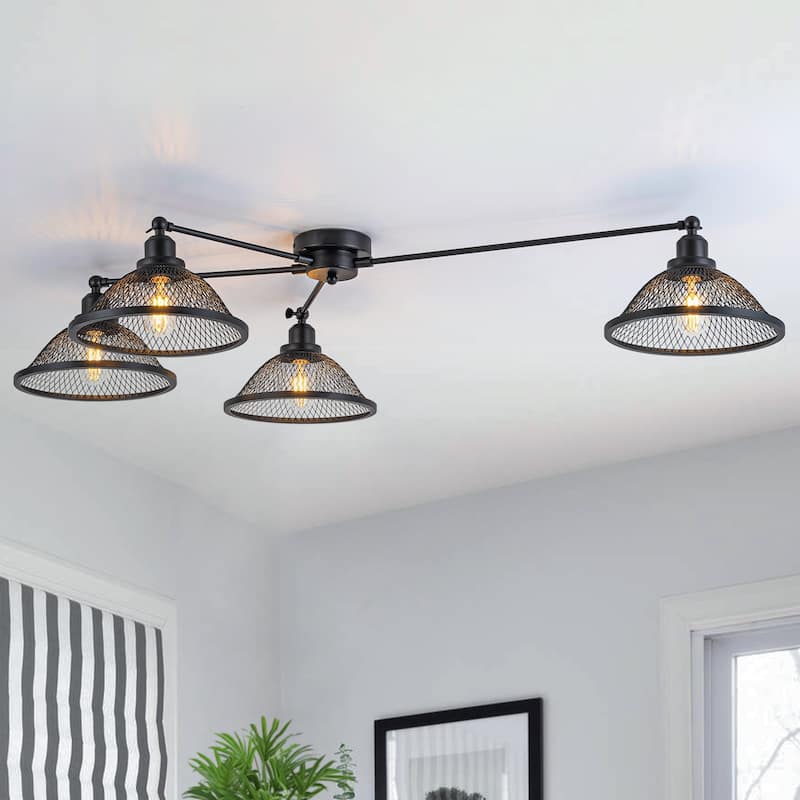 4 Lights Industrial Cone Shaped Iron Mesh Flush Mount Ceiling Light - Dia.47.24-in - Dia.47.24-in