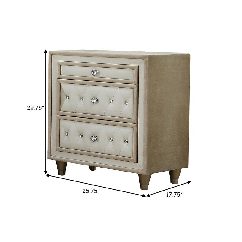 Matt 30 Inch Modern Nightstand, 3 Drawers, Velvet Tufted, Ivory Light Brown