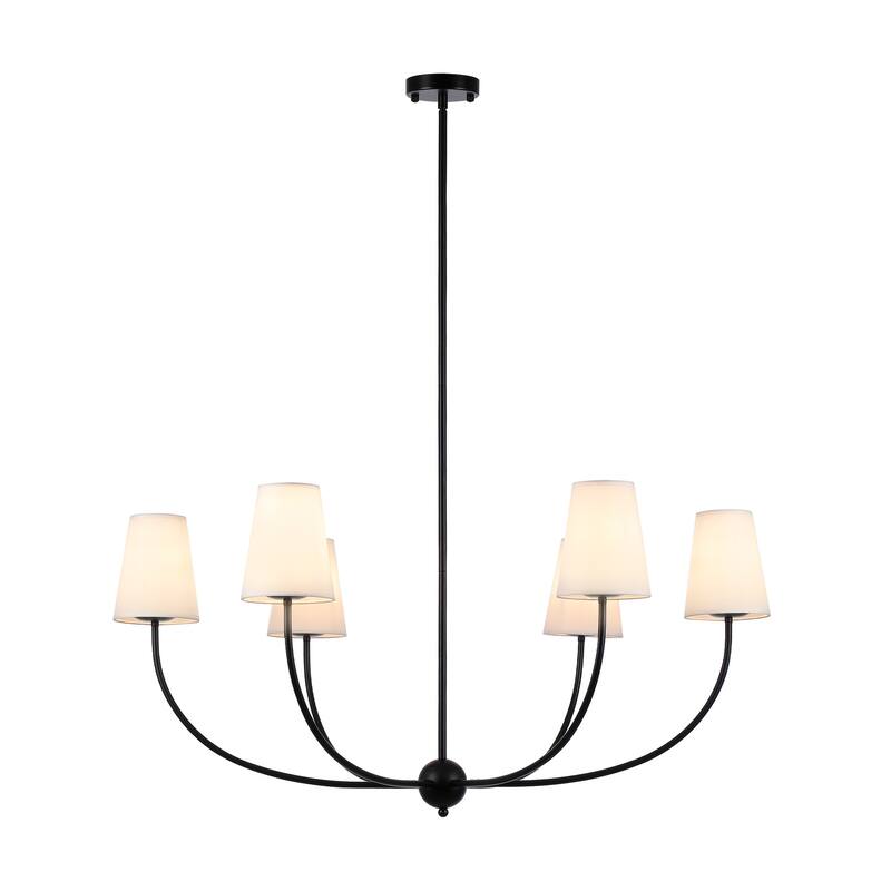 6-Light Wide Retro Black Finish Chandelier With White Fabric Shade