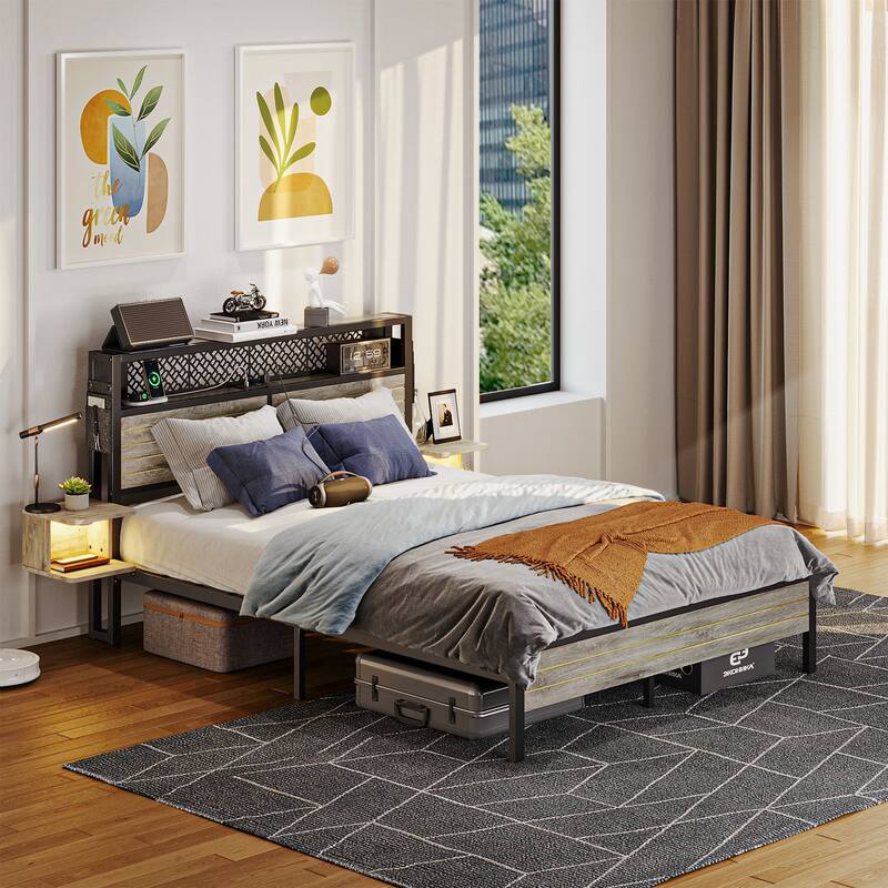 Bestier Bed Frame with Horizontal Golden Stripe Storage Headboard&LED Nightstands, Metal Platform Bed with Charging Station