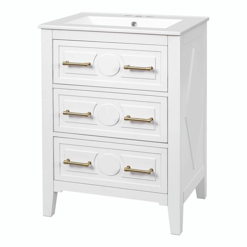 24" Bathroom Vanity with Ceramic Sink Combo, Free-Standing Single Vanity Set with 3 Drawers