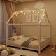 preview thumbnail 1 of 26, Twin/Full Size House Bed with LED Light and Guardrails, Solid Wood Kids Montessori Bed with Roof Frame and Slats Support Full