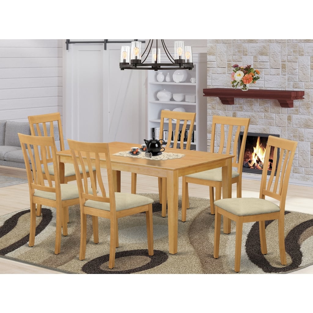 HomeStock 7-Piece Rectangle Natural Oak Finish Solid Wood Top Dining Table with 6 Chairs with Lattice Back