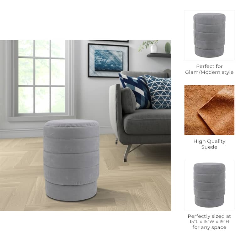 Suede Ottoman Round Compact Pouf Footstool Luxury Accent - 19" Grey