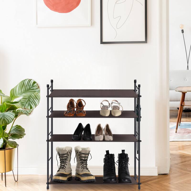 Freestanding Sturdy Fabric Shoe Rack Organizer with 2 Metal Hooks, Bronze