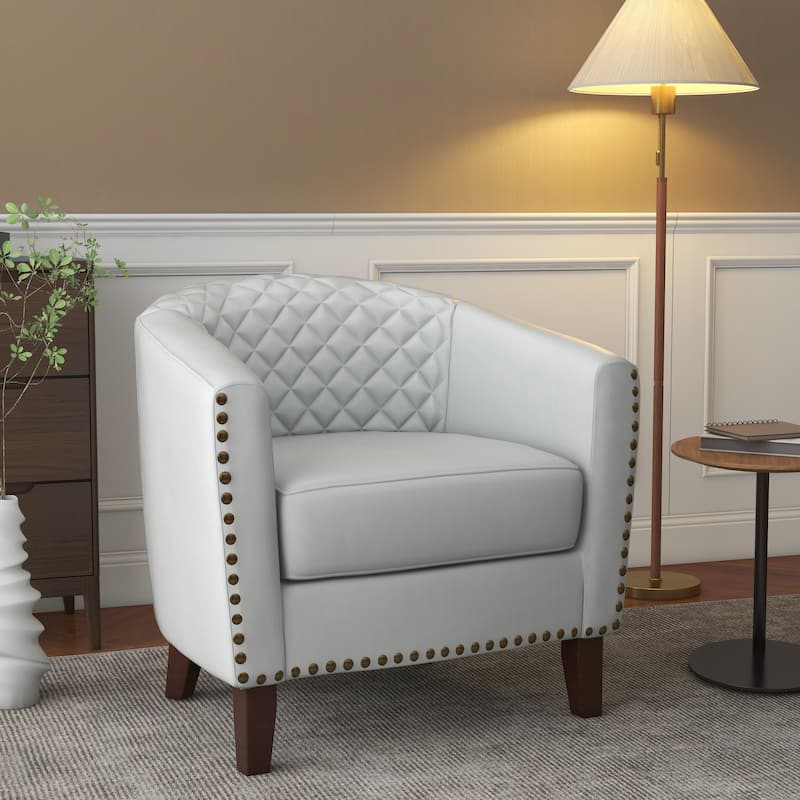 Modern Armchair Faux Leather Nailhead Trim Swivel Accent Chair - White