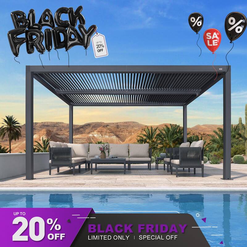 PURPLE LEAF Gray Louvered Pergola Outdoor Aluminum Pergola with Adjustable Roof for Patio Grey Hardtop Gazebo