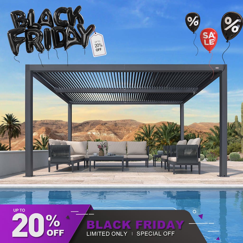 PURPLE LEAF Gray Louvered Pergola Outdoor Aluminum Pergola with Adjustable Roof for Patio Grey Hardtop Gazebo