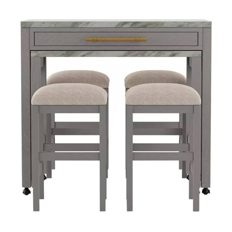 Rustic 5pc Dining Set Counter Height Dining Table w Storage drawer Faux Marble Top 4x Stools Light Gray Dining Room Furn
