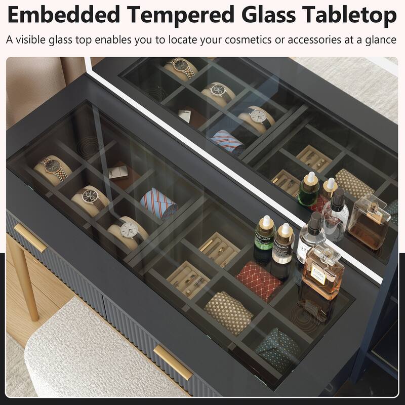 Modern Fluted Makeup Vanity Desk with Lighted Mirror, Dressing Table