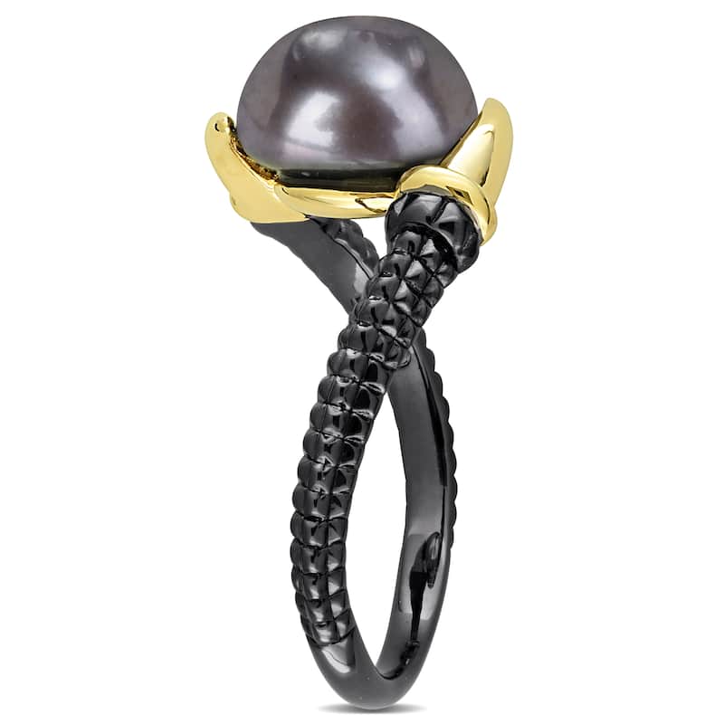 Miadora Mens 9.5-10 mm Black Cultured Freshwater Pearl Ring in Yellow and Black Silver