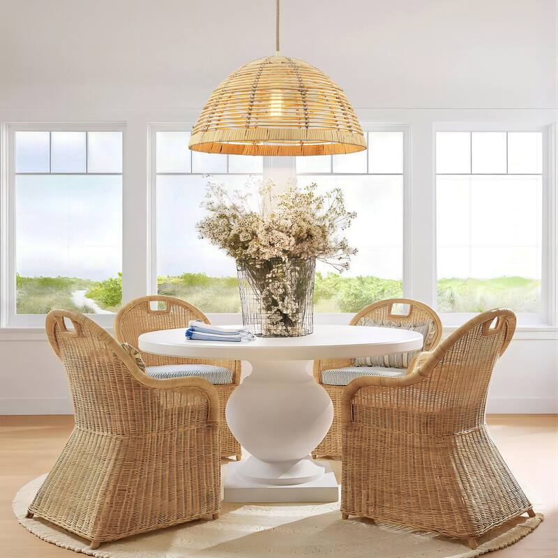 1-Light Farmhouse Rustic Dome Rattan Pendant Light for Kitchen Island - 19.4 in. W x 11 in. H