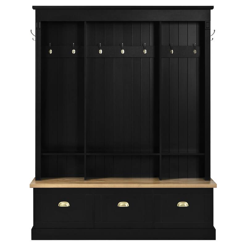 Elegant APP Controlled LED Light Hall Tree with 9 Hooks, Natural Storage Bench with 3 Large Cabinets, with Shelves