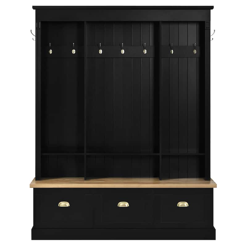 Large LED Hall Tree with 9 Hooks, Roman Column Design Storage Bench with 3 Cabinets, Farmhouse Entryway Organizer with Shelves