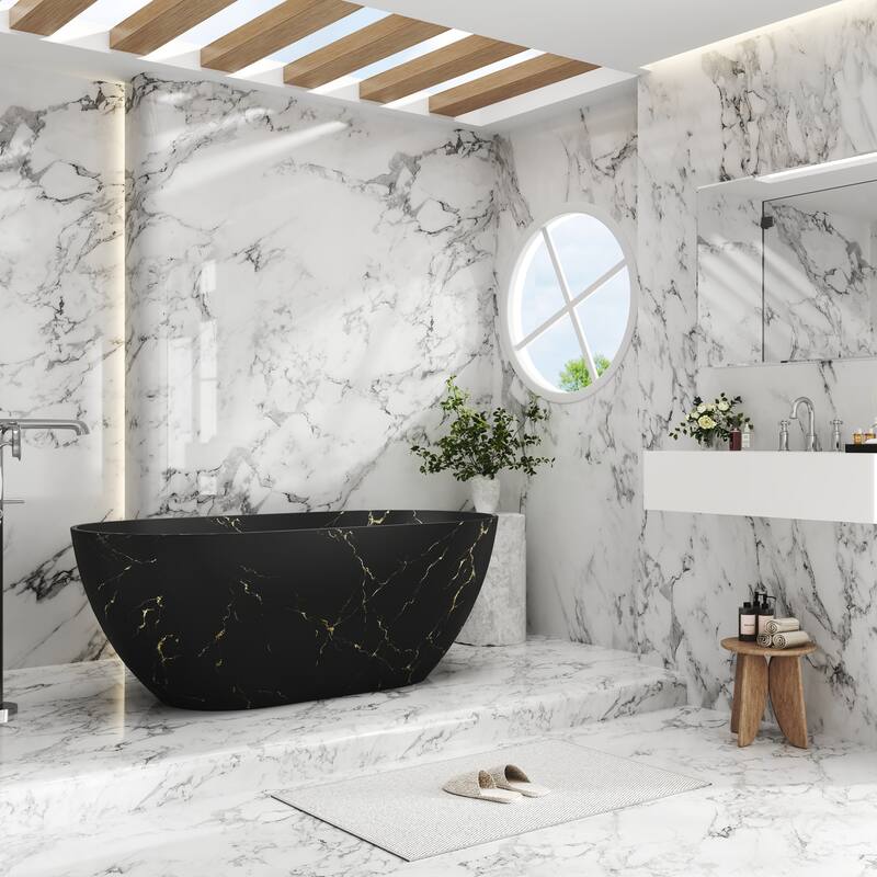 59 in Solid Surface Freestanding Soaking Bathtub in Matte Black with Sky Mirror Star River Marble Pattern, Center Drain