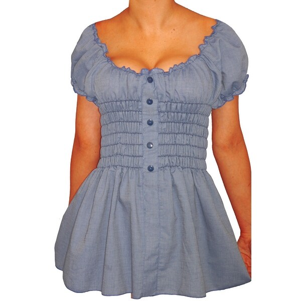 Funfash Plus Size Blue Denim Smocked Peasant Top Shirt Women Plus Size Top Shirt