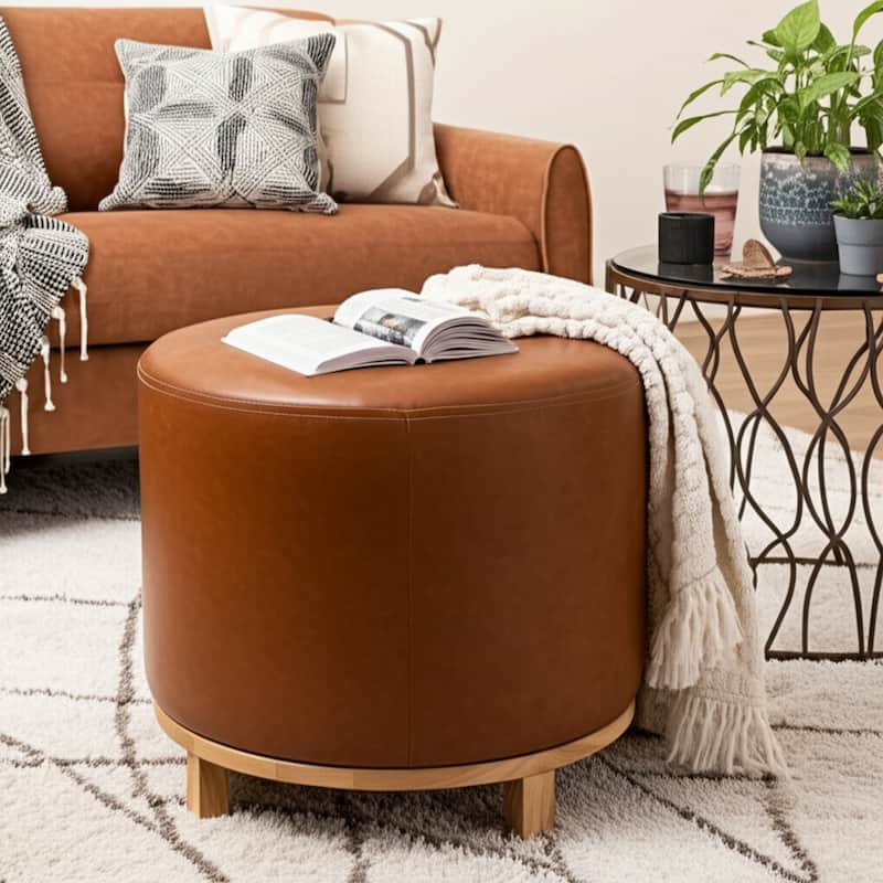 Leather and Pine Wood Ottoman Round Design Seating Accent - 18" Brown
