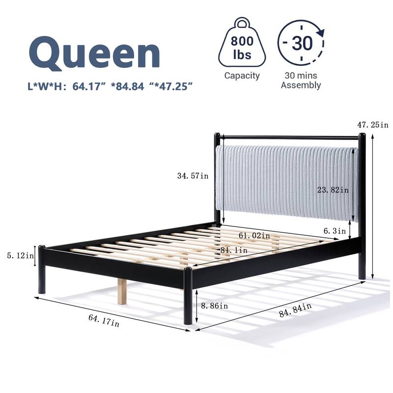 Queen Wood Platform Bed with Soft Headboard, Grey and Black Frame