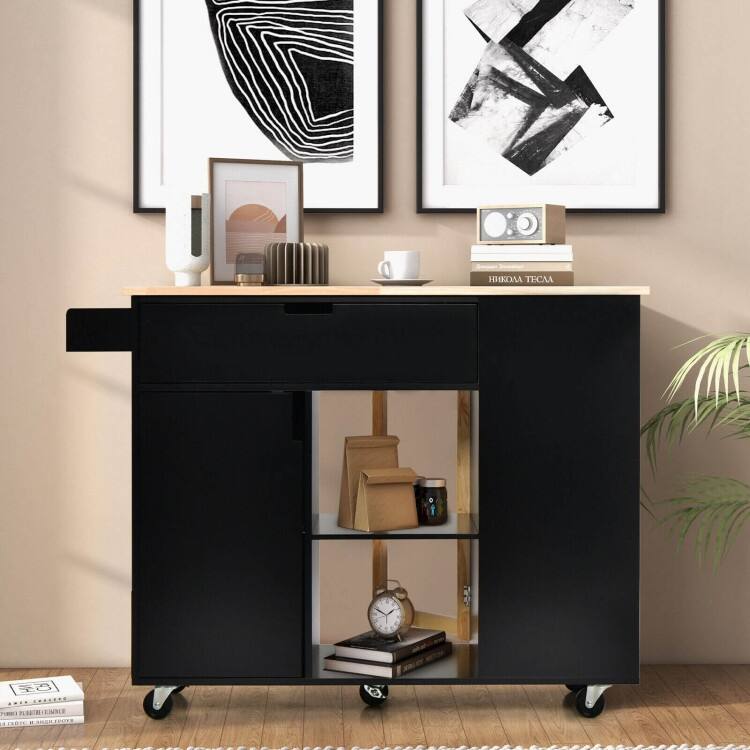 Drop-Leaf Kitchen Island with Rubber Wood Top - 49" x 30" x 36"(L x W x H)