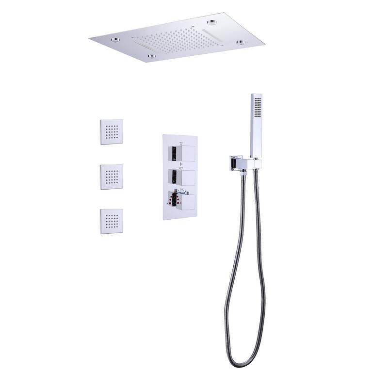 Ceiling LED 4-Way 3-Jet Complete Rain and Waterfall Shower System With Rough-in Valve
