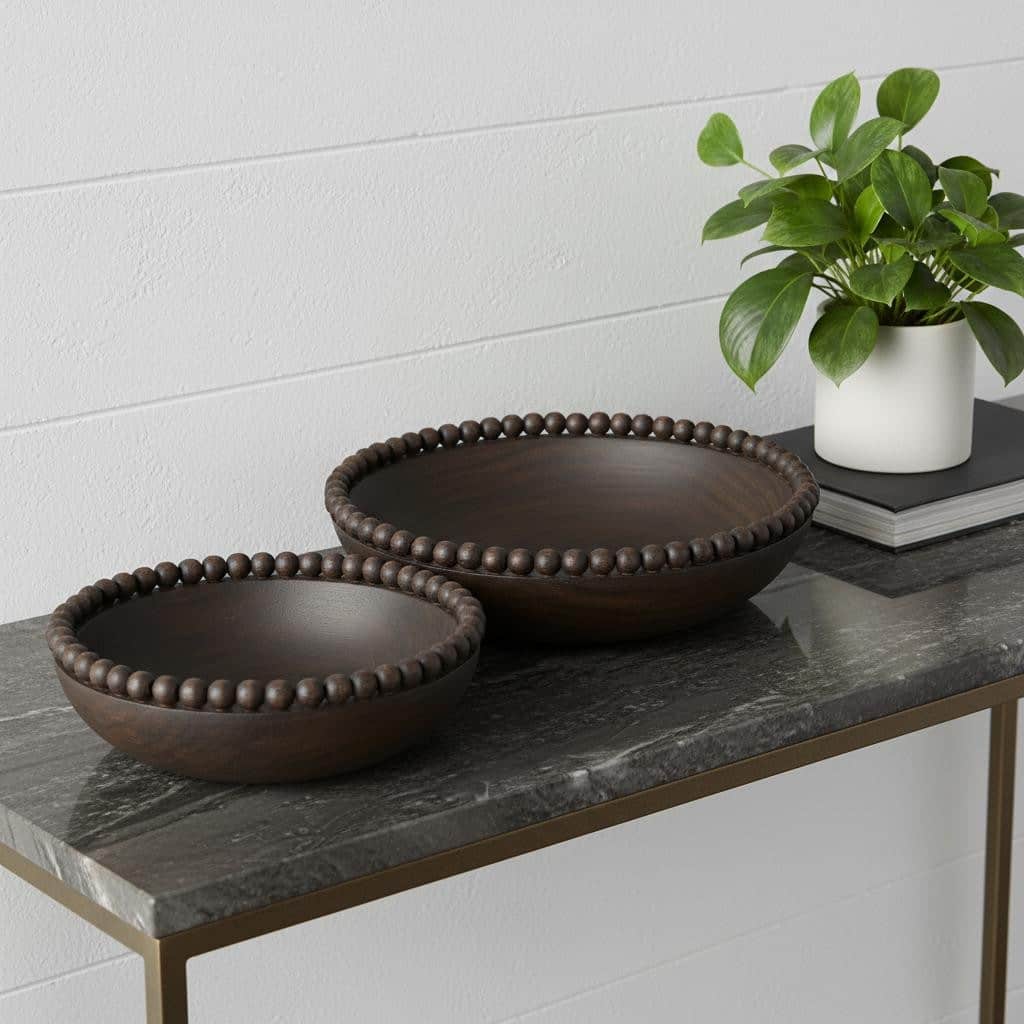 HomeRoots Set of Two Black Solid Wood Beaded Edge Round Centerpiece Bowls - 12.00 in. x 3.25 in. x 12.00 in.