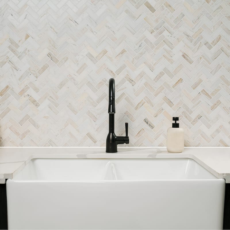 Ackland AKM-S-1X3HBP-CA 12" x 12" Marble Herringbone Wall Mosaic Tile - Auralie