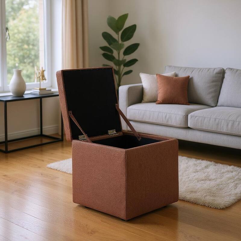 Brown Linen Square Storage Ottoman Footrest with Hidden Compartment for Living Room or Bedroom