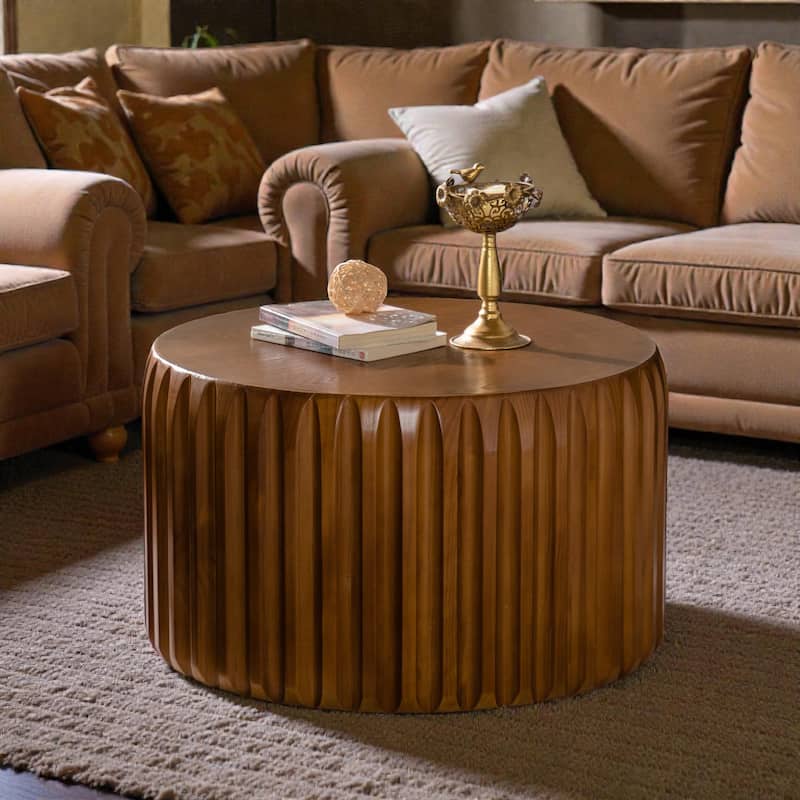 Set of 2 Fluted Round Coffee Tables, Mid-Century Modern Nesting Wood Center Tables, Solid Wood and MDF